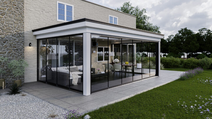 Overkapping glazen schuifwand tuin