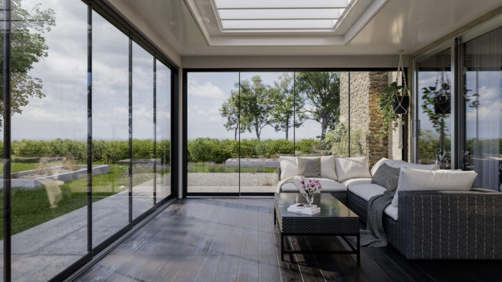 Overkapping glazen schuifwanden loungehoek