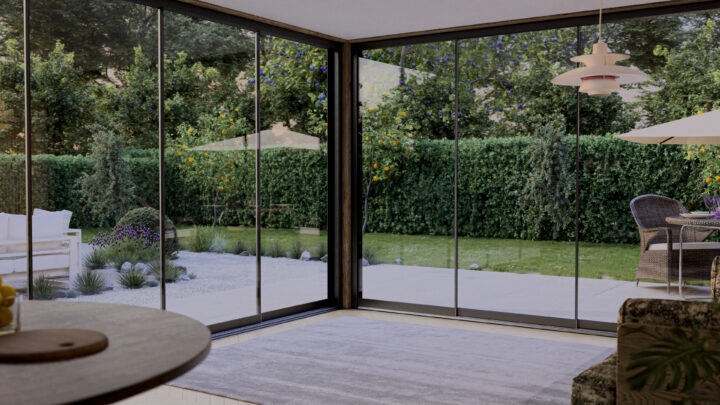 Tuinhuis glazen schuifwanden binnen