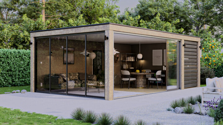 Tuinhuis met glazen schuifwanden open deuren